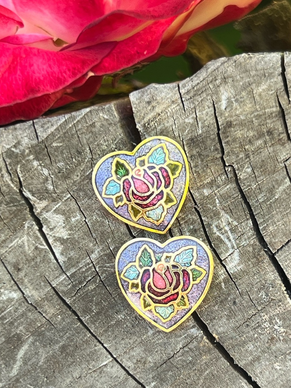 Vintage Cloisonné Enamel Floral Stud Earrings